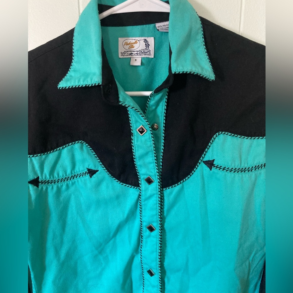 Panhandle Slim SZ S Women’s Teal and Black Button Down cowgirl Shirt